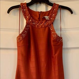 Burnt orange form fitting dress with sequins.